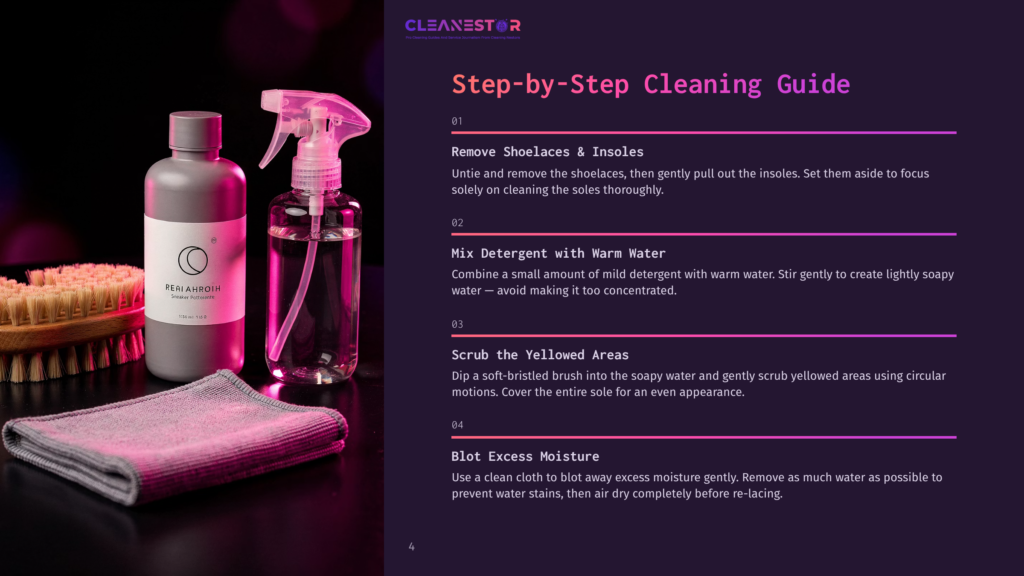 Step-By-Step Cleaning Guide Featuring A Spray Bottle, Cleaning Solution, Brush, And Cloth, With Instructions In A Purple-Themed Layout.