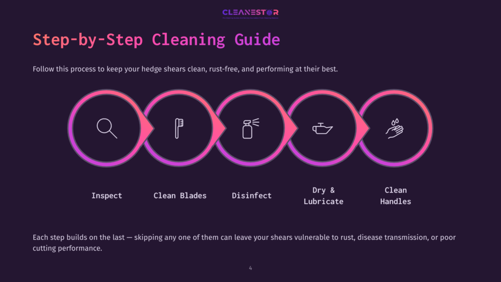 Illustration Featuring Five Steps In A Cleaning Guide: Inspect, Clean Blades, Disinfect, Dry &Amp; Lubricate, Clean Handles With Vibrant Pink Accents.