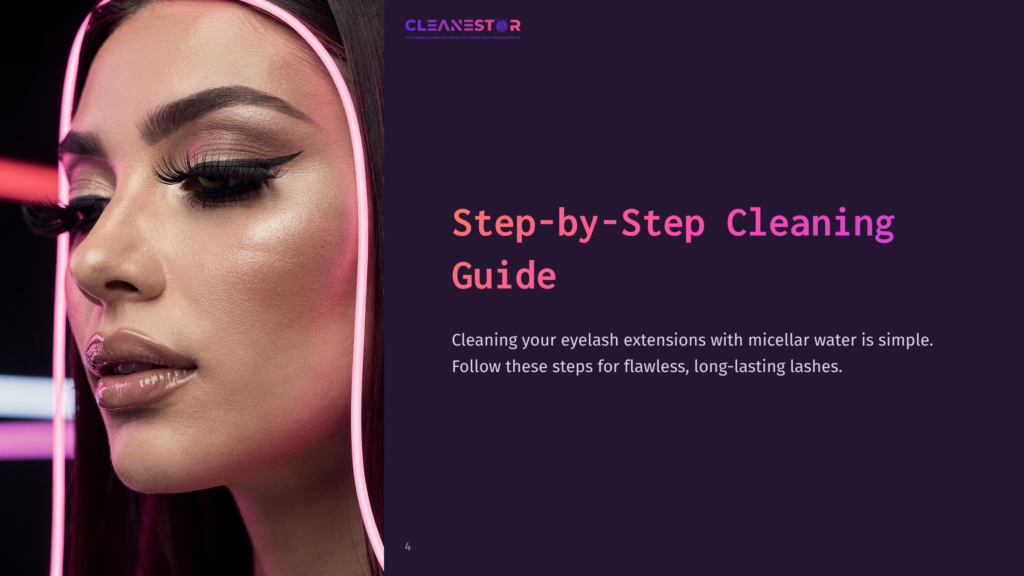 A Close-Up Of A Woman With Glamorous Makeup And Eyelash Extensions, Alongside Text Outlining A Cleaning Guide.