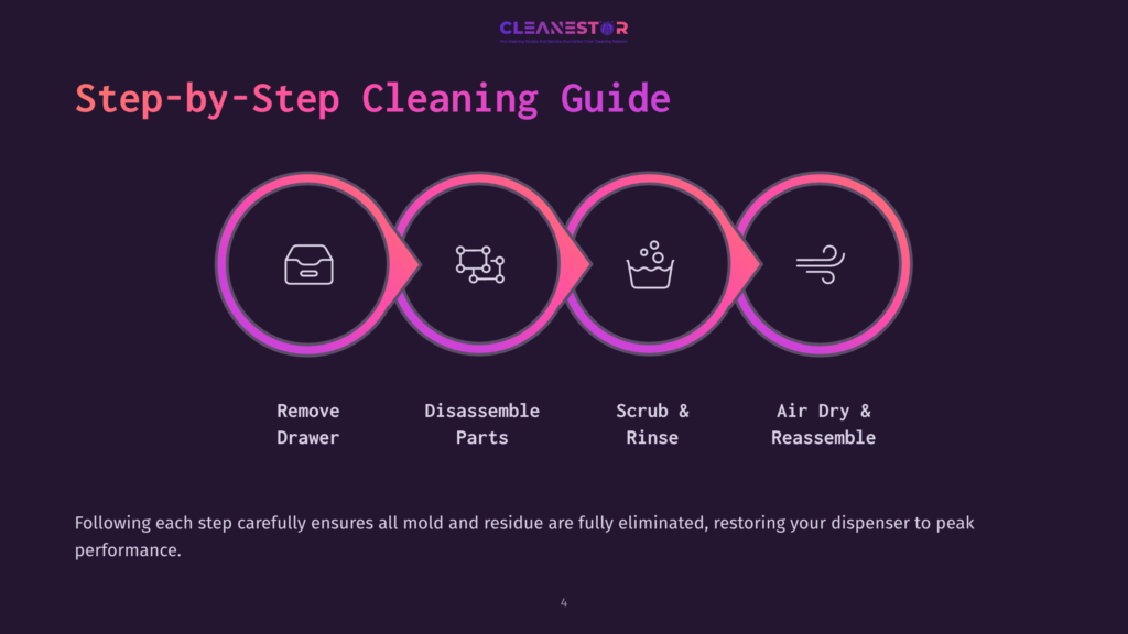 4 Step By Step Cleaning Guide 28 Step-By-Step Cleaning Guide For A Dispenser: Remove Drawer, Disassemble Parts, Scrub &Amp; Rinse, Air Dry &Amp; Reassemble. The Guide Features Four Circular Icons Representing Each Step.