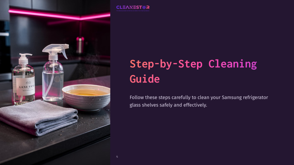 Step-By-Step Cleaning Guide For Samsung Refrigerator Glass Shelves, Featuring Cleaning Supplies Like Spray Bottles, A Bowl Of Liquid, And A Microfiber Cloth On A Dark Countertop.