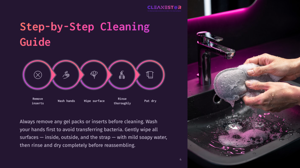 Step-By-Step Cleaning Guide With Icons For Removing Inserts, Washing Hands, Wiping Surfaces, Rinsing, And Patting Dry. Below, Hands Are Shown Washing A Soft Gray Slipper In A Sink With Soap Suds.