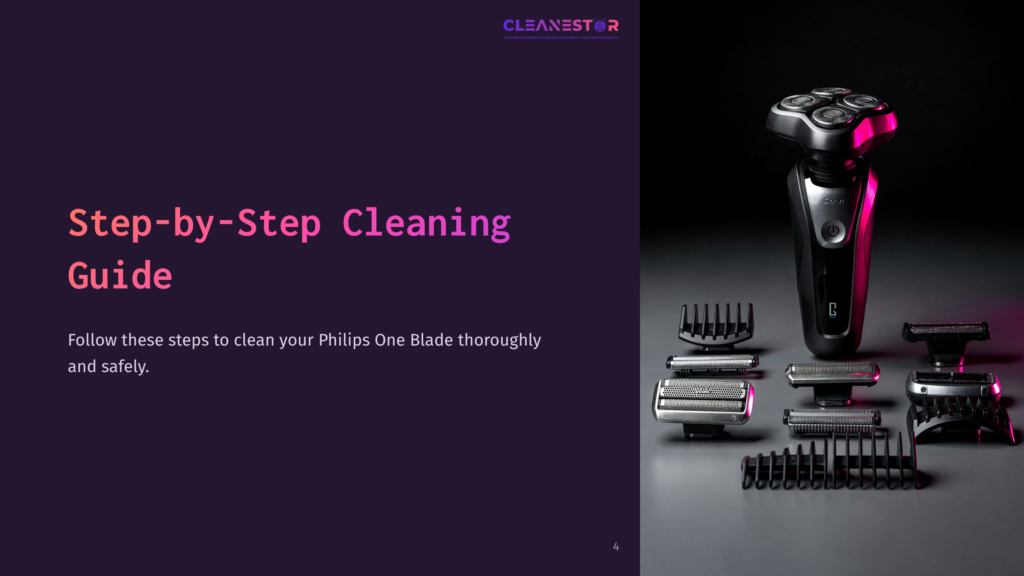 Black Background Showcases A Philips One Blade Trimmer, Surrounded By Various Attachments And Cleaning Tools, With A Purple And Pink Layout.