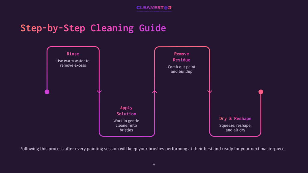 Step-By-Step Guide With Pink Arrows Detailing Brush Cleaning: Rinse, Apply Solution, Remove Residue, Dry &Amp; Reshape On A Dark Background.