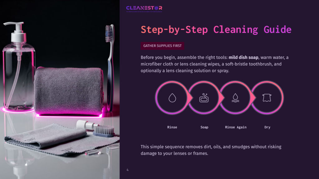 A Cleaning Guide Featuring A Pink Soap Dispenser, Water Bottle, Microfiber Cloth, And A Gray Towel, Arranged On A Sleek Surface.