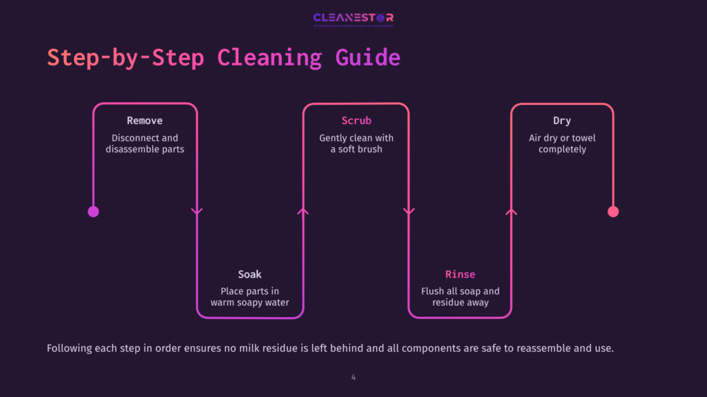 Infographic Outlining A Step-By-Step Cleaning Guide For A Milk Frother, Featuring Pink Arrows Connecting Four Key Steps: Remove, Soak, Scrub, And Rinse.