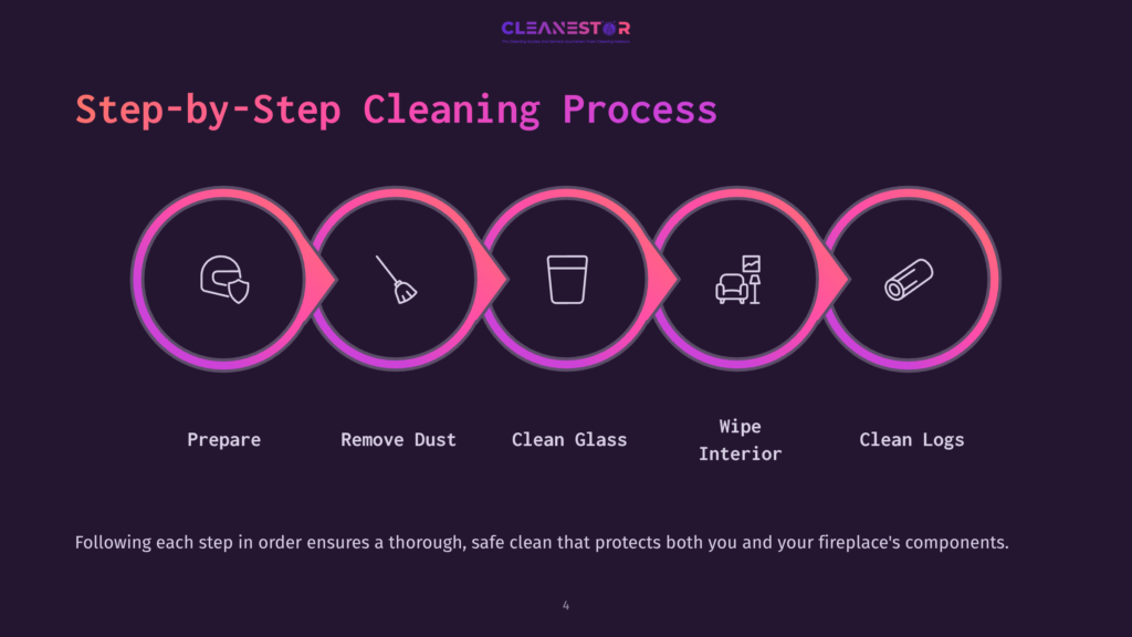 Graphic Illustrating A Step-By-Step Cleaning Process For Electric Fireplaces, Featuring Icons For Tasks In A Circular Flow With Vibrant Colors.