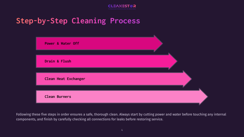 Illustrated Step-By-Step Cleaning Process With Pink Arrows Guiding Through Turning Off Power And Water, Draining, Flushing, And Cleaning Components.
