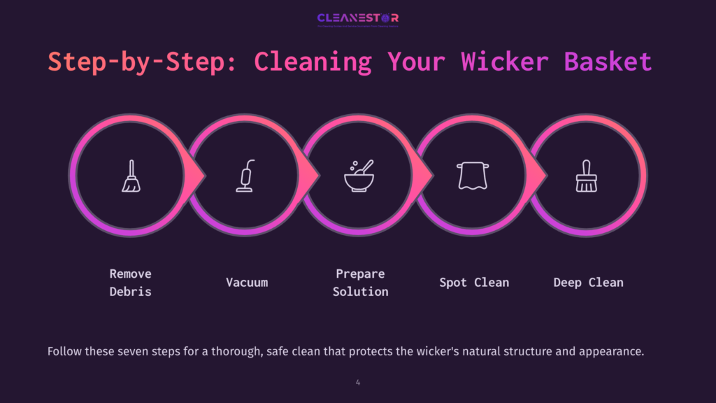 Step-By-Step Guide To Cleaning A Wicker Basket, Featuring A Circular Infographic With Icons For Removing Debris, Vacuuming, Preparing A Solution, Spot Cleaning, And Deep Cleaning.