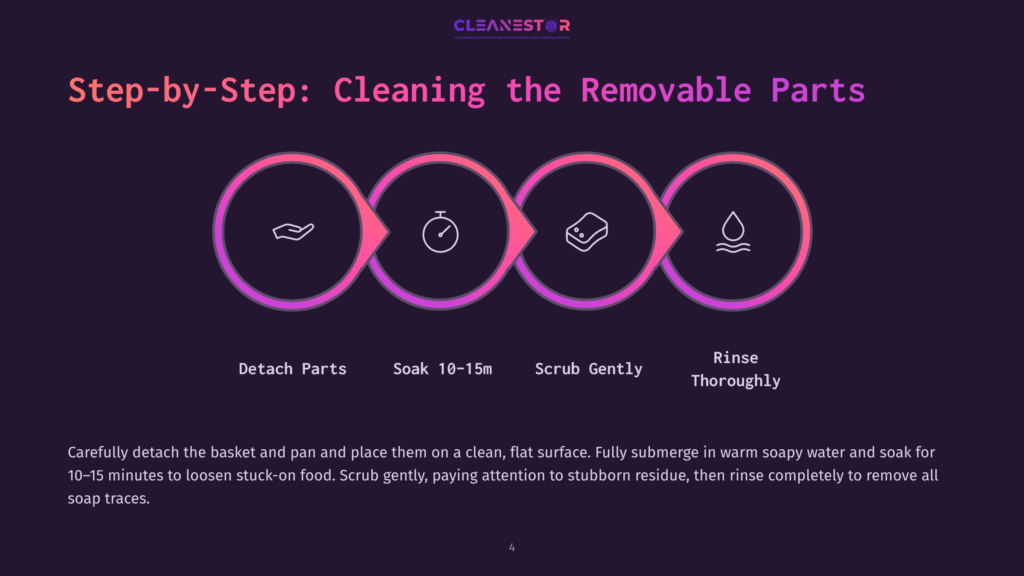 Step-By-Step Cleaning Guide For Removable Parts: Detach, Soak 10-15 Mins, Scrub Gently, Rinse Thoroughly. Visual Icons Illustrate Each Step.