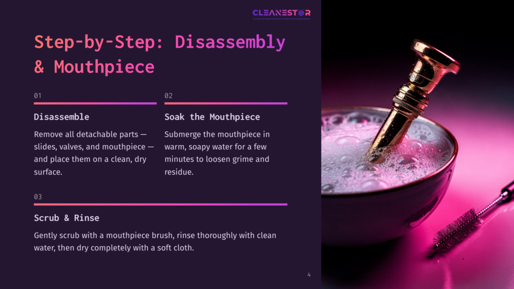 4 Step By Step Disassembly And Mouthpiece Step-By-Step Guide To Cleaning A Trumpet Mouthpiece: Disassemble, Soak In Warm Soapy Water, And Scrub With A Brush. Text Overlays Provide Detailed Instructions.