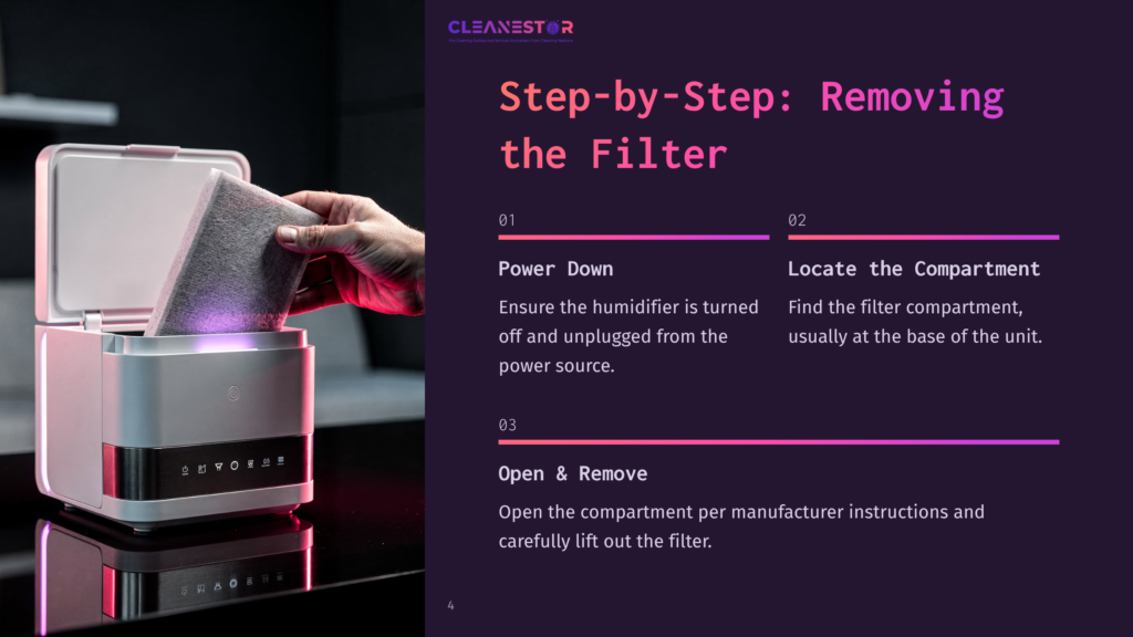 Step-By-Step Guide: Removing The Filter From A Cleanestor Humidifier. A Hand Removes A Gray Filter From The Humidifier'S Compartment.
