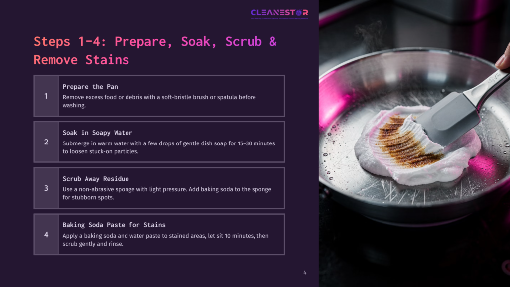 4 Steps 1 4 Prepare Soak Scrub And Remove Stains Steps 1-4: Prepare, Soak, Scrub &Amp; Remove Stains. A Spatula With White Suds Is Used To Scrub A Greasy Pan With A Baking Soda Paste. The Image Displays Cleaning Steps For Removing Tough Stains From Cookware.