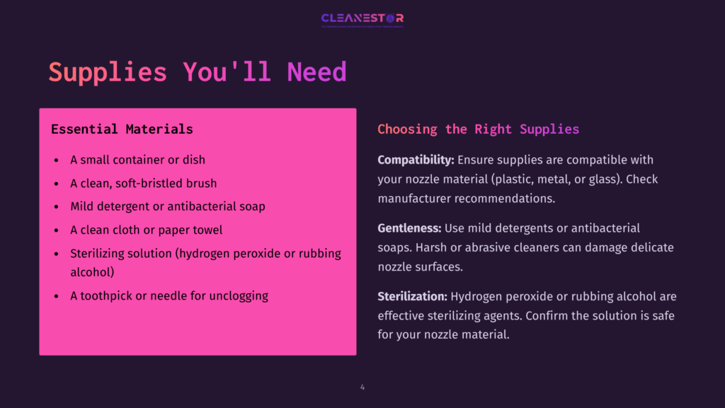 Supplies List For Cleaning Nasal Spray Nozzles With A Pink Background. Includes A Dish, Brush, Soap, Towel, And Needle.