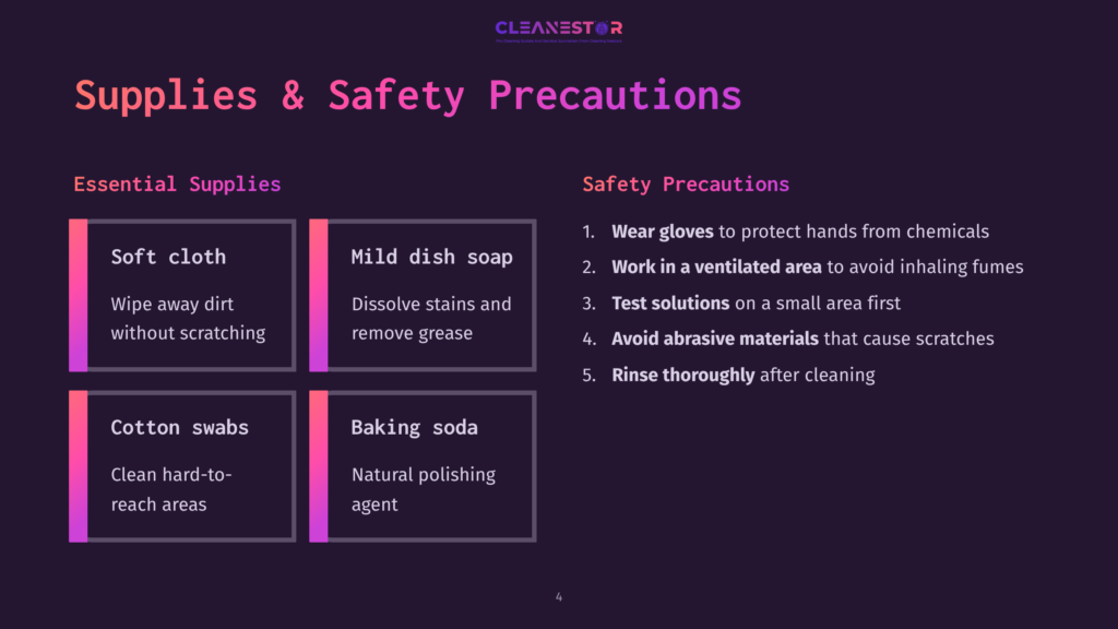 A Dark Purple Presentation Slide Titled &Quot;Supplies &Amp; Safety Precautions&Quot; Lists Essential Cleaning Supplies Like Soft Cloth And Cotton Swabs, And Safety Precautions Including Wearing Gloves And Testing Solutions.
