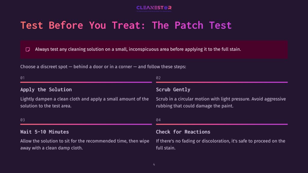 Cleanestor Logo And Text: &Quot;Test Before You Treat: The Patch Test&Quot;. Instructions On Applying And Scrubbing Cleaning Solution, Waiting, And Checking For Reactions.