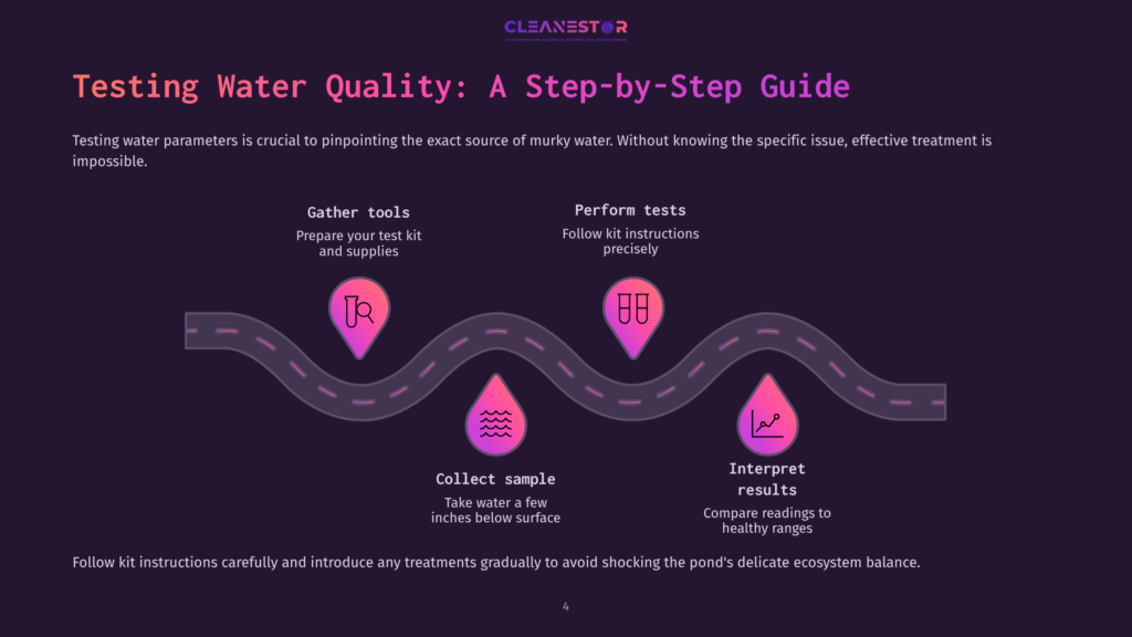 Infographic Illustrating The 4 Steps To Testing Water Quality: Gather Tools, Perform Tests, Collect Sample, And Interpret Results, Depicted On A Winding Road With Colorful Icons.