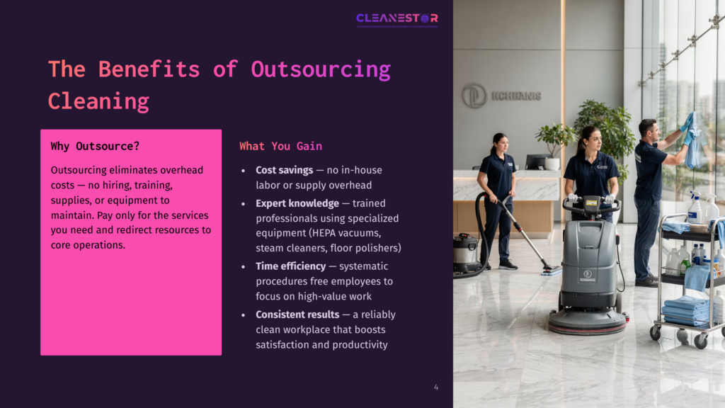 4 The Benefits Of Outsourcing Cleaning Cleanestor Logo And Text &Quot;The Benefits Of Outsourcing Cleaning&Quot; And &Quot;Why Outsource?&Quot; With Bullet Points. A Professional Cleaning Crew In A Modern Office Building.
