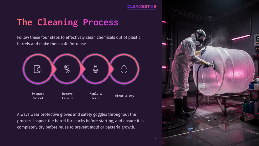 A Person In A Protective Suit Cleans A Large Plastic Barrel In A Dimly Lit Space With Pink And Purple Lighting, Surrounded By Cleaning Supplies.