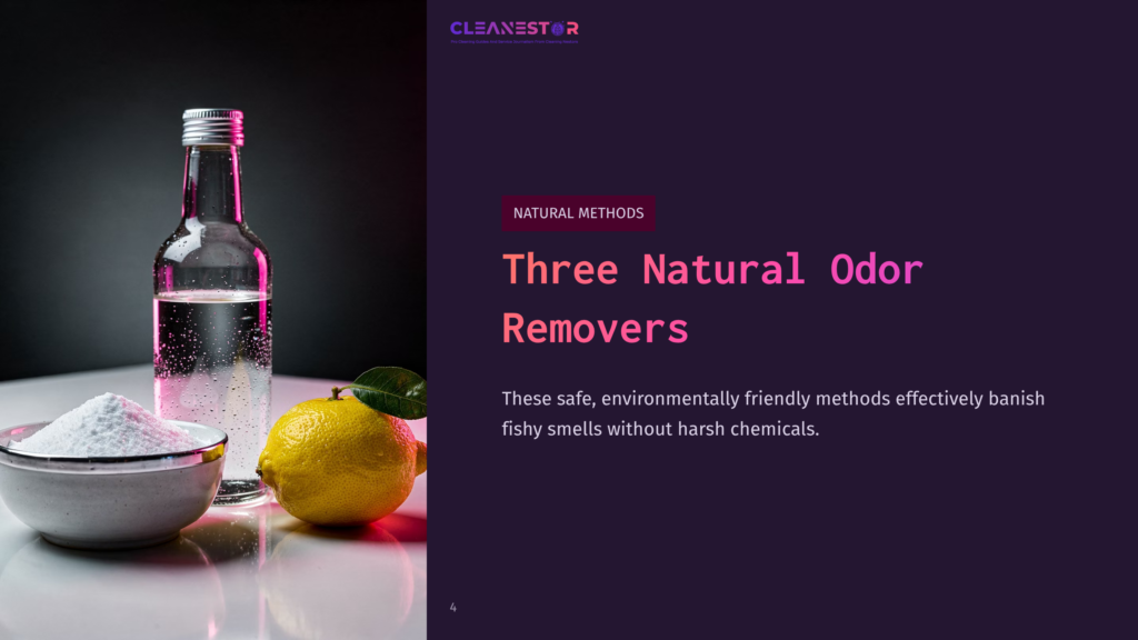 A Bottle Of Clear Liquid, A Bowl Of White Powder, And A Lemon Are Arranged On A White Surface, With The Text &Quot;Cleanestor&Quot; And &Quot;Three Natural Odor Removers&Quot; Visible.