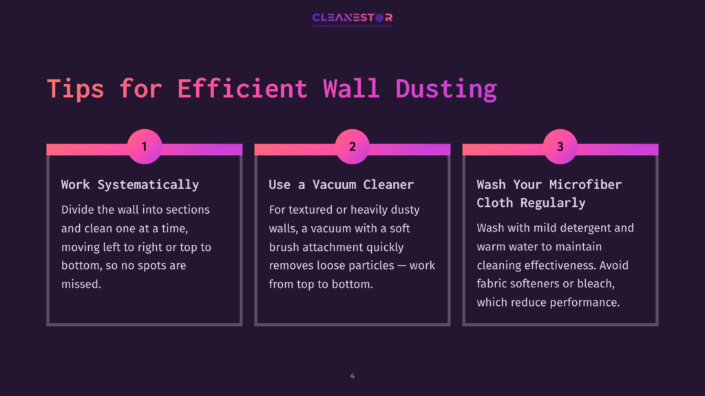 Text On A Dark Purple Background With Pink Accents; Three Panels Highlighting Tips For Cleaning Walls, Featuring Numbers And Icons.