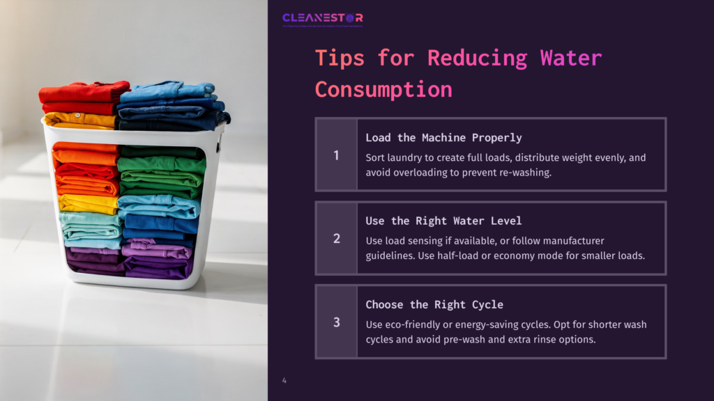 4 Tips For Reducing Water Consumption White Laundry Basket Overflowing With Neatly Folded, Colorful Clothes In Vibrant Reds, Oranges, Yellows, Greens, Blues, And Purples. Text Overlay: &Quot;Cleanestor Tips For Reducing Water Consumption.