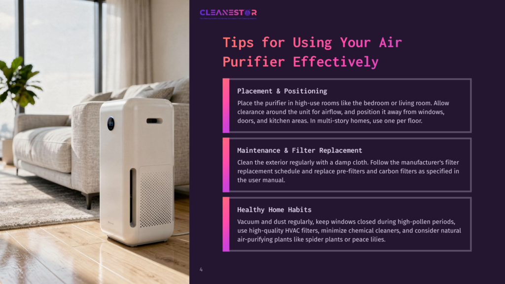 A Modern White Air Purifier Sits On A Wooden Floor In A Bright, Airy Living Room With A Large Sofa And Window. The Image Also Displays Text About Using An Air Purifier Effectively.