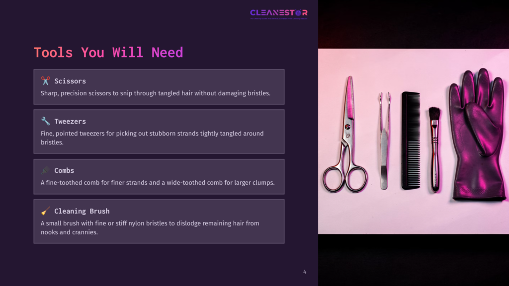 Tools Arranged On A Light Surface: Scissors, Tweezers, Combs, And A Cleaning Brush, With A Dark Purple Background Highlighting The Items.