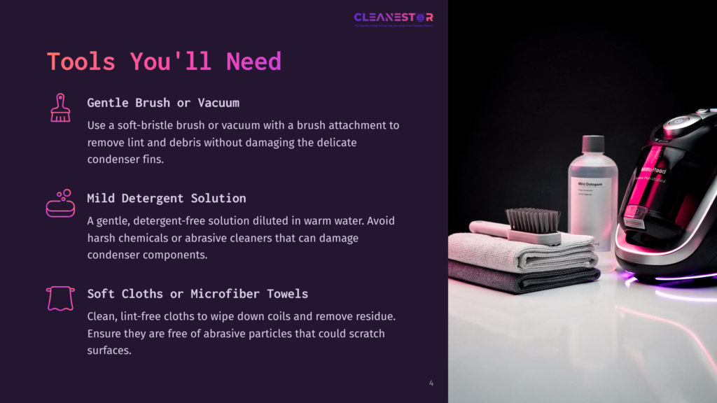 4 Tools Youll Need 1 A Dark, Moody Product Shot Featuring A Vacuum Cleaner, Cleaning Supplies Including A Bottle Of &Quot;Mild Detergent,&Quot; And Microfiber Cloths, With Text Overlay Listing Cleaning Tools Like A Gentle Brush, Mild Detergent, And Soft Cloths.
