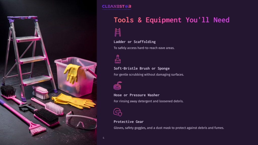 A Ladder, Soft-Bristle Brush, Sponge, Hose, Pressure Washer, Gloves, Safety Goggles, And A Dust Mask On A Dark Background.