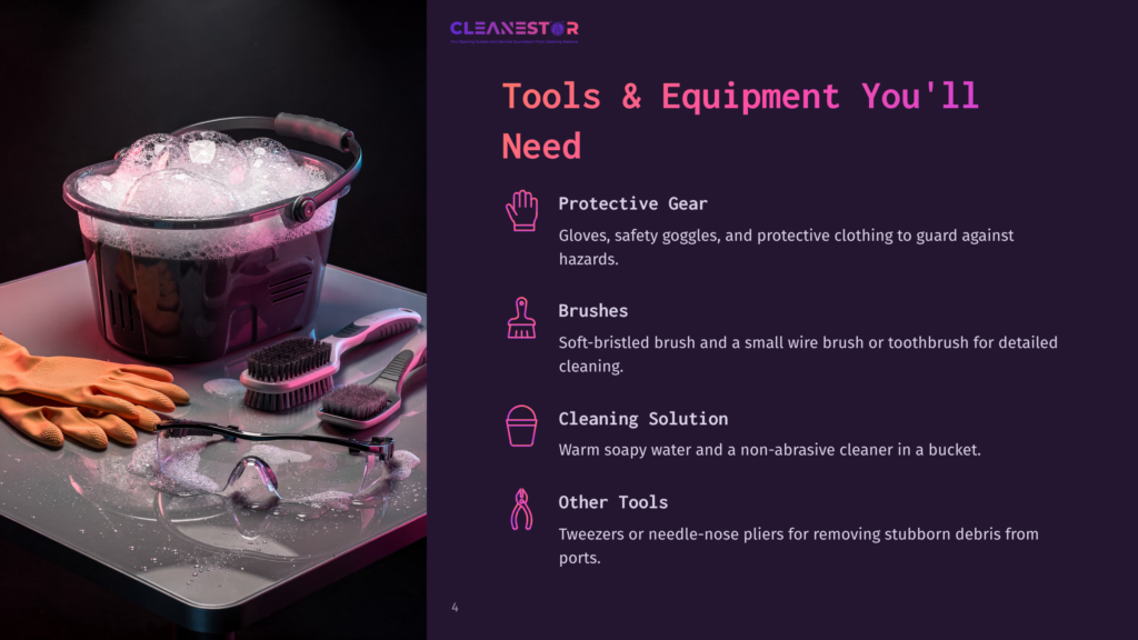 A Cleaning Bucket Overflowing With Suds Sits On A Table Next To Safety Goggles, Rubber Gloves, And Cleaning Brushes, Suggesting Preparation For A Detailed Cleaning Task.