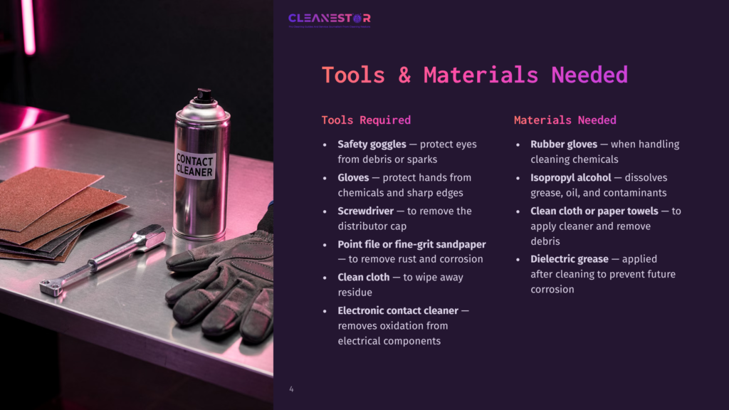 List Of Tools And Materials For Cleaning Distributor Points, Featuring A Spray Can, Gloves, Sandpaper, And Cloth, Against A Purple Background.