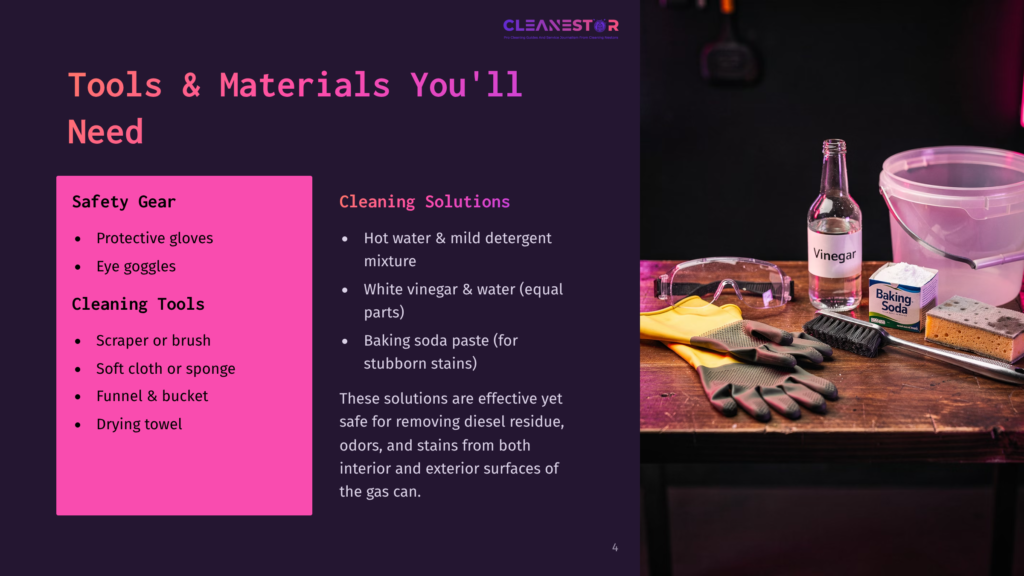 A Wooden Table Displaying Cleaning Tools: Gloves, A Sponge, A Bottle Of Vinegar, And A Container Of Baking Soda, With A Purple Background.