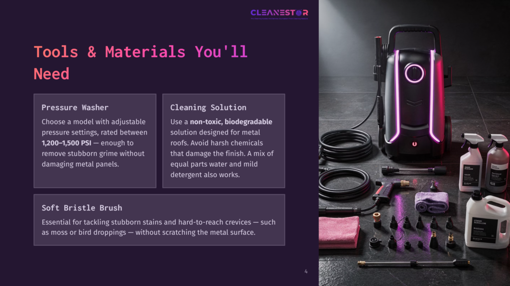 4 Tools And Materials Youll Need 11 Cleanestor Pressure Washer And Cleaning Supplies Arranged On A Clean Surface, Including A Soft Bristle Brush, Cleaning Solution Bottles, And Microfiber Cloths.