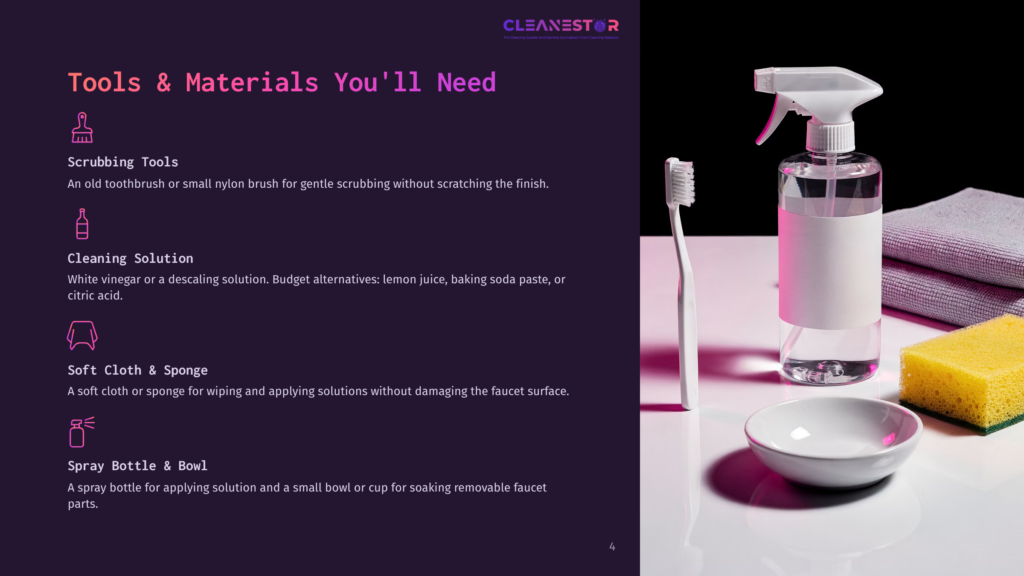 Materials For Cleaning: A Spray Bottle, Scrubbing Brush, Sponge, Yellow Cloth, And Bowl On A Vibrant Purple Background.