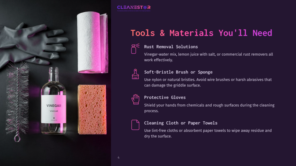 A Bottle Of Vinegar, A Sponge, Cleaning Cloths, Paper Towels, And Gloves Arranged On A Dark Surface With A Pink Background.