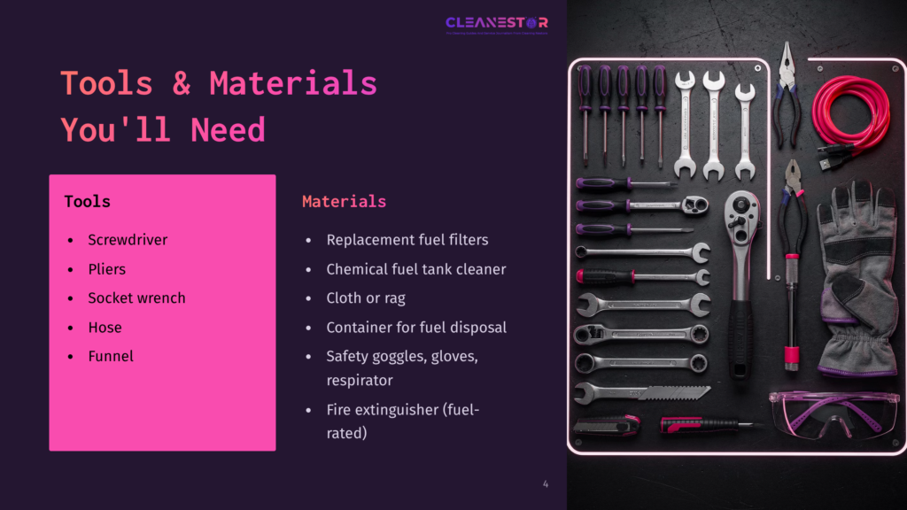 A Dark, Flat Lay Of Tools And Materials For Vehicle Maintenance, Including Screwdrivers, Pliers, Socket Wrenches, A Hose, Funnel, Fuel Filters, Rags, Safety Goggles, And Gloves. Text Overlays List &Quot;Tools&Quot; And &Quot;Materials.