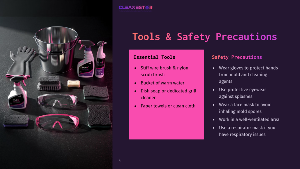 4 Tools And Safety Precautions A Set Of Cleaning Tools Including A Wire Brush, Spray Bottles, Bucket, And Cloth, Arranged On A Dark Background With Safety Tips In Purple.