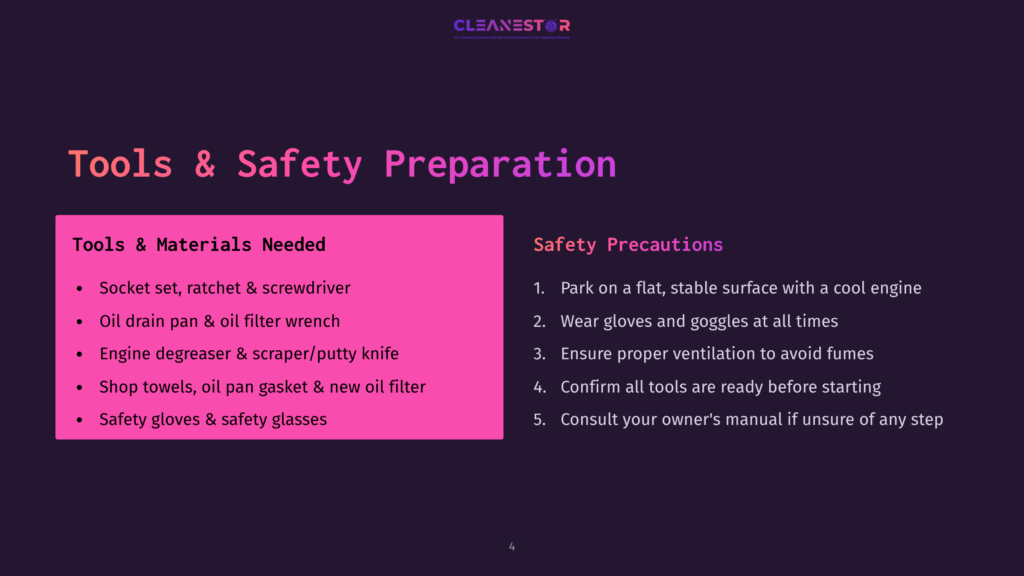 4 Tools And Safety Preparation A Dark Purple Slide Titled &Quot;Tools &Amp; Safety Preparation&Quot; Lists Essential Items Like Socket Sets, Oil Drain Pans, Shop Towels, And Safety Gloves, Alongside Safety Precautions For Working On A Flat, Stable Surface With Proper Ventilation.