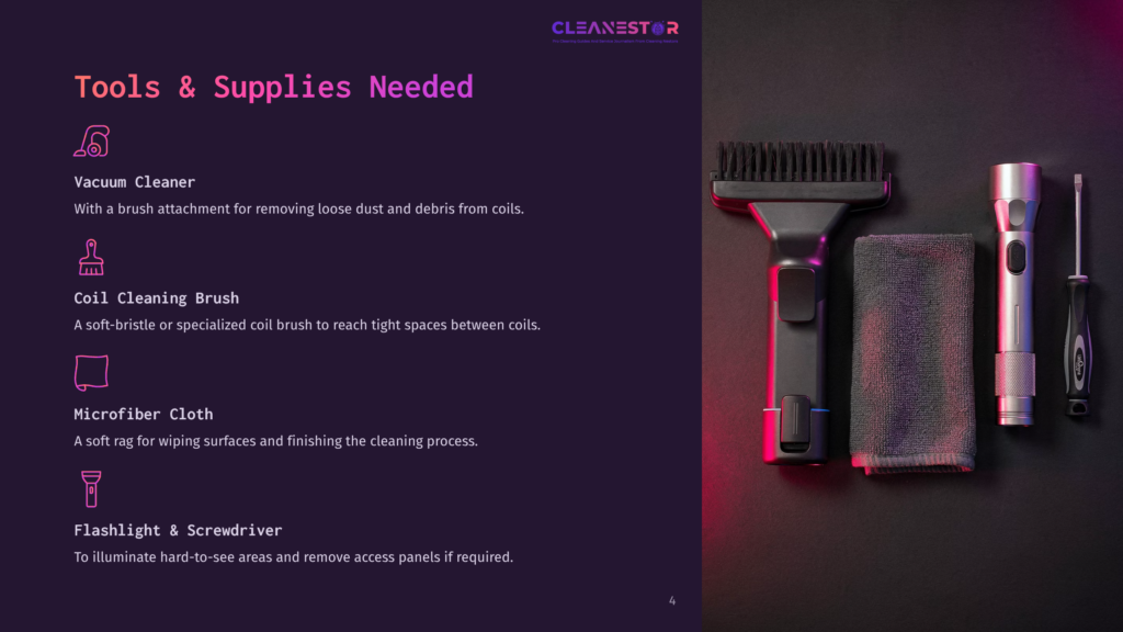 A Vacuum Cleaner, Coil Cleaning Brush, Microfiber Cloth, Flashlight, And Screwdriver Arranged On A Dark Background With A Purple Hue.