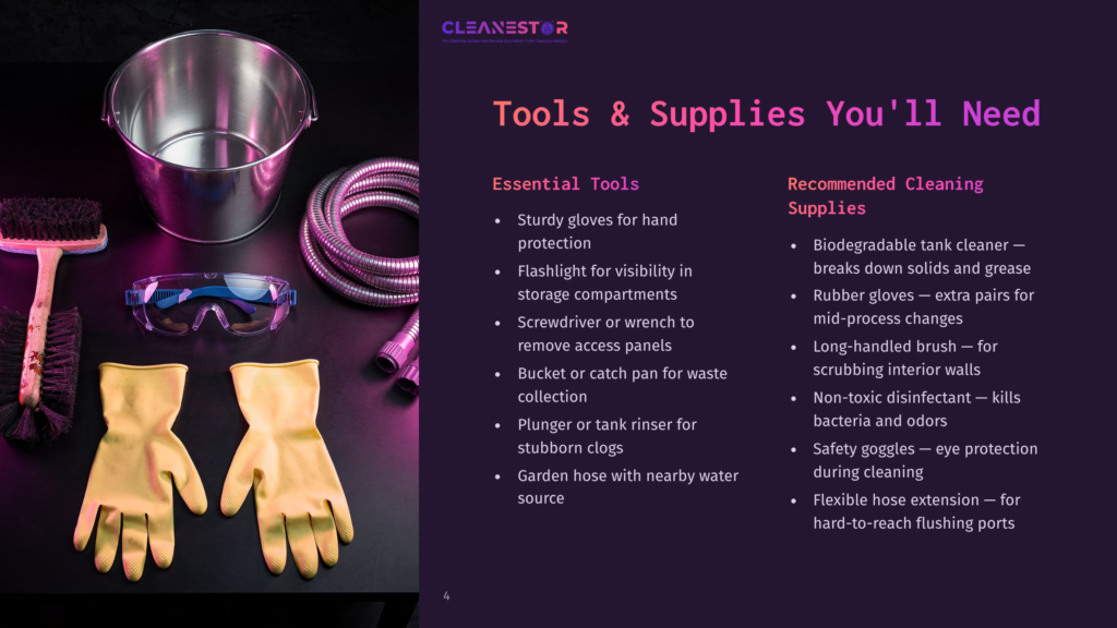 A Laid Out Collection Of Cleaning Supplies, Including Yellow Gloves, A Flashlight, Tools, And A Bucket, On A Dark Surface.