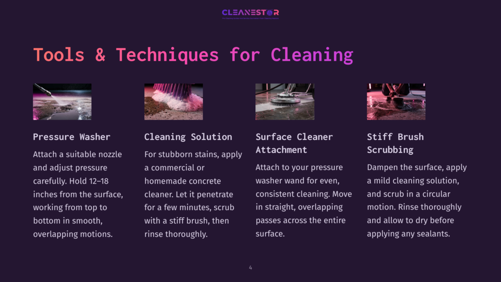 Tools And Techniques For Cleaning Exposed Aggregate Concrete, Featuring Pressure Washer, Cleaning Solution, And Scrubbing Brush Illustrations.