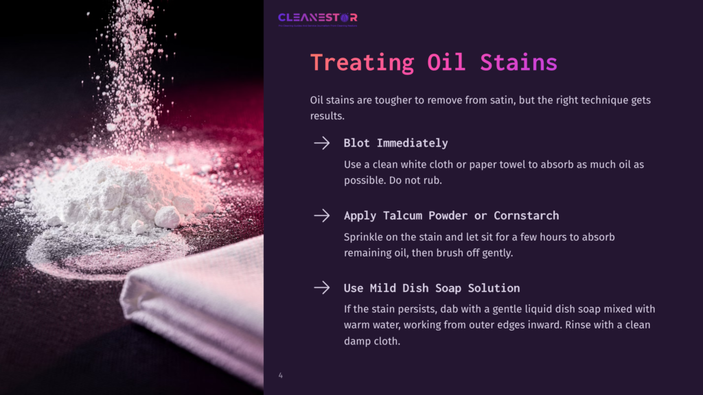 White Powder Being Poured Onto A Dark Surface Next To A White Cloth, With The Text &Quot;Cleanestor Treating Oil Stains&Quot; Visible.