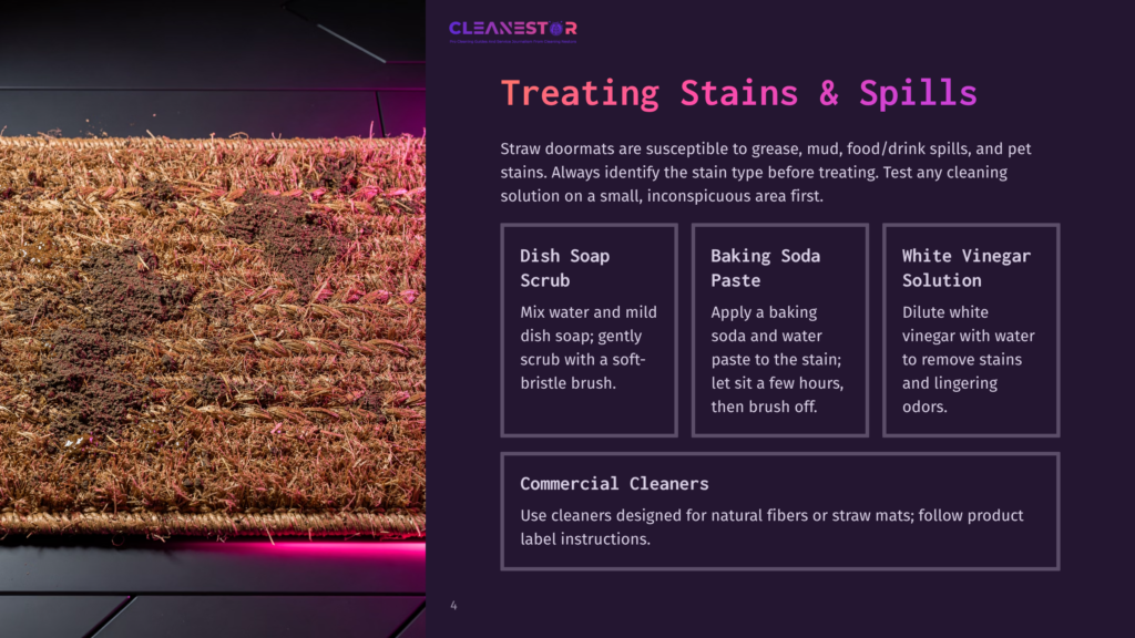 A Straw Doormat With A Textured Surface Beside Cleaning Solutions: Dish Soap, Baking Soda Paste, And White Vinegar, Against A Purple Background.