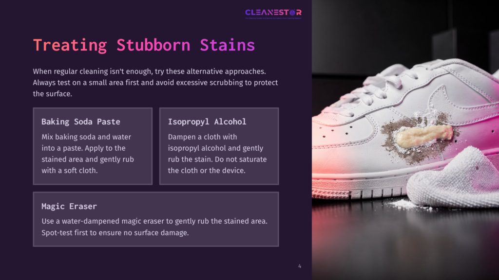 Close-Up Of A White Sneaker With A Stubborn Stain, Showing Baking Soda Paste And A Damp Cloth. Text Overlay: &Quot;Treating Stubborn Stains,&Quot; &Quot;Baking Soda Paste,&Quot; &Quot;Isopropyl Alcohol,&Quot; And &Quot;Magic Eraser.