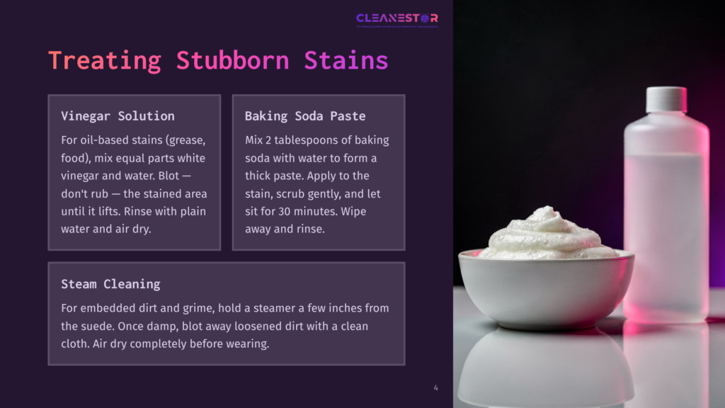 A Bowl Of White Baking Soda Paste Beside A Spray Bottle And A Pink Steam Cleaner, With Tips On Cleaning Suede Shoes.