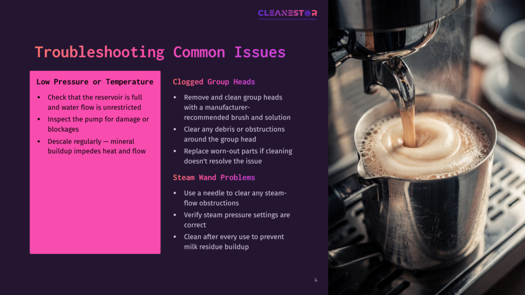 Espresso Machine Brewing Coffee Into A Metal Pitcher, With A Troubleshooting Guide Overlayed On The Left Detailing Common Issues Like Low Pressure And Clogged Group Heads.