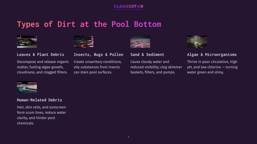 4 Types Of Dirt At The Pool Bottom Four Illustrations On A Dark Purple Background Depict Various Types Of Pool Bottom Debris: Leaves, Insects, Sand, And Algae, Each Labeled.