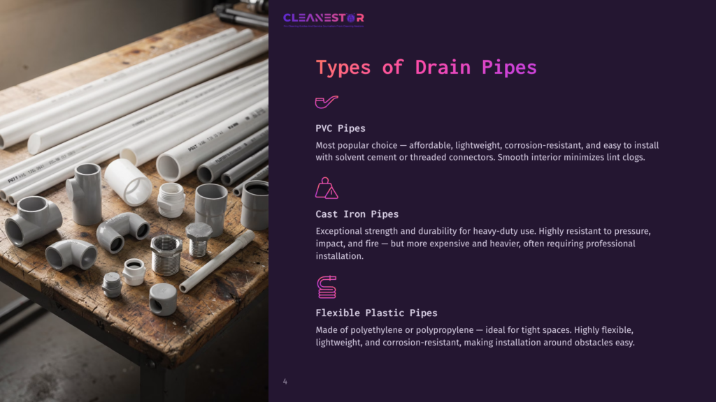 Assortment Of Pvc Pipes, Fittings, And Cast Iron Pipes On A Rustic Wooden Workbench, Showcasing Plumbing Materials For Drain Pipe Systems.