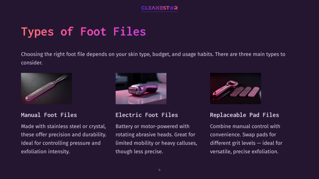 Display Featuring Three Types Of Foot Files: Manual, Electric, And Replaceable Pads, With Purple And Pink Accents And Clear Text Descriptions.